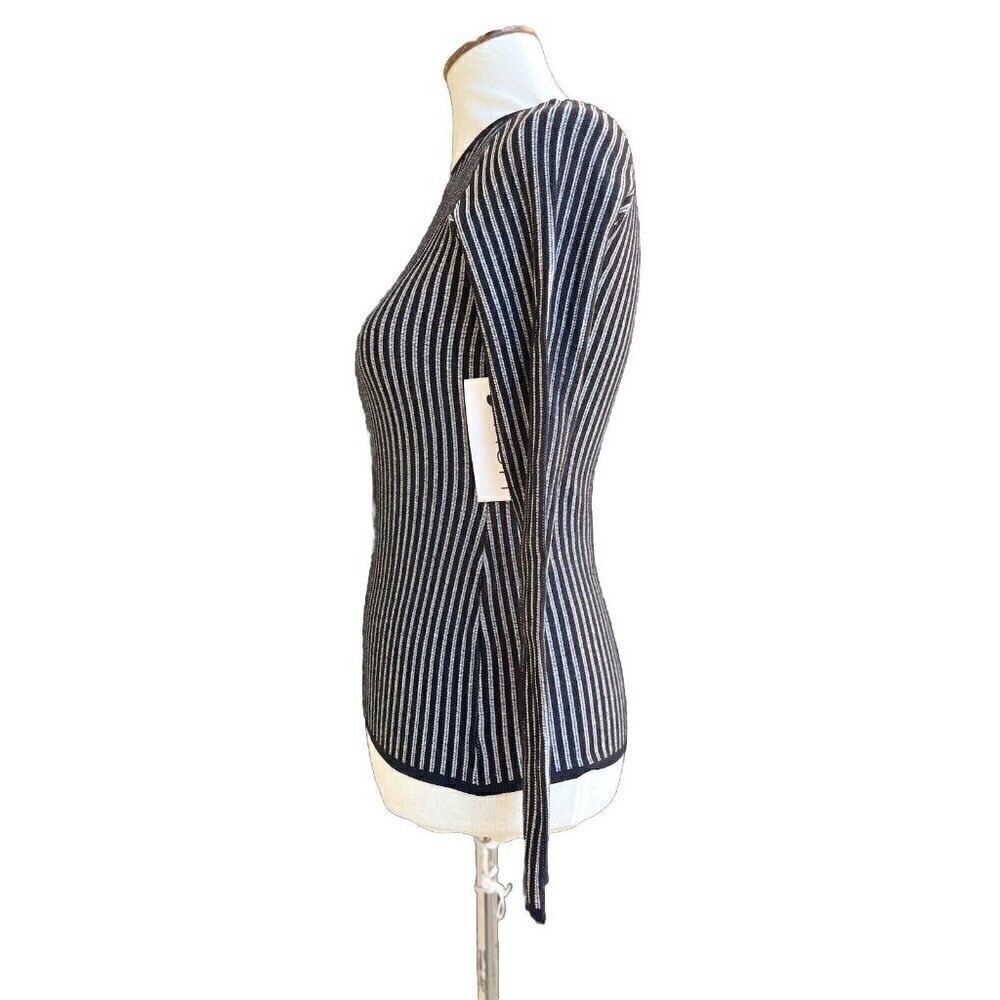 RVN Womens Black Striped Ribbed Long Sleeve Stretch Knit Striped Top  Dash - Picture 10 of 13